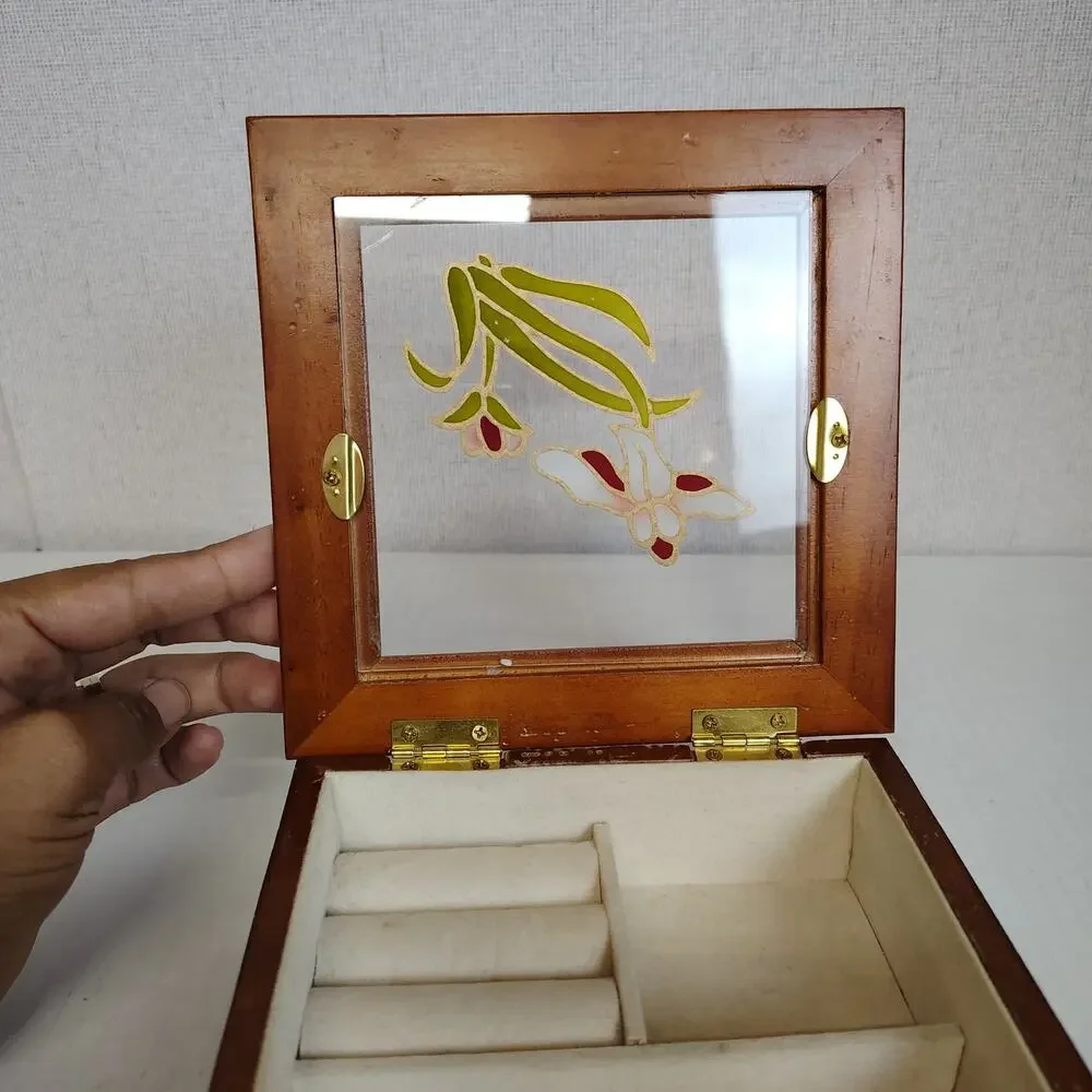 Wood Glass Top Jewelry Box Stained Glass Floral Ring Display Trinket Box